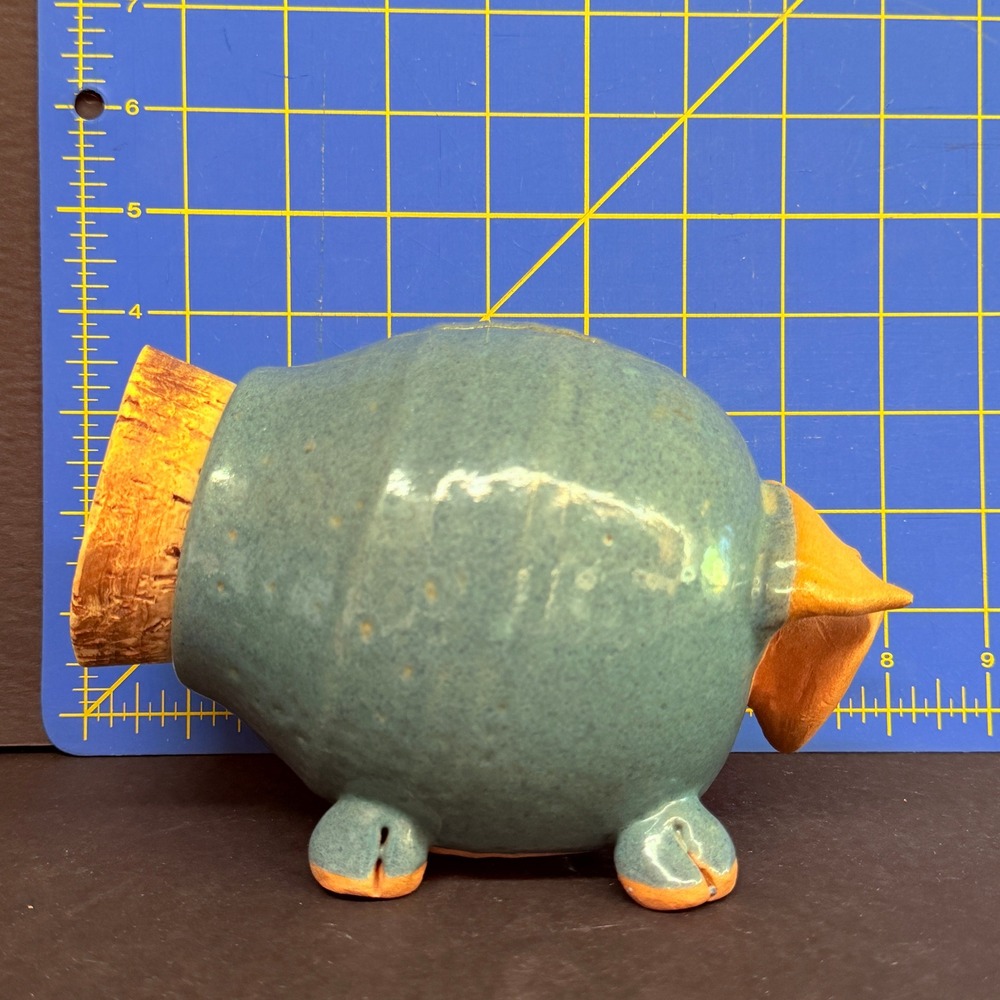 Vintage Piggy Bank with Cork Butt Blue Glazed ceramic Whimsical Pig Figurine - Picture 12 of 13